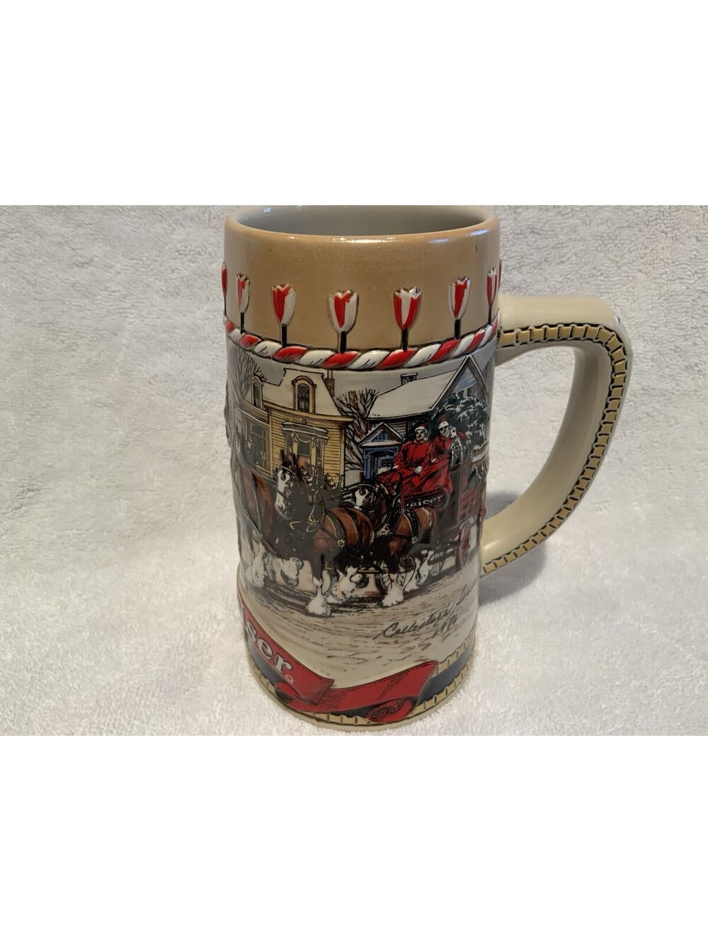 Vintage 1986 Handcrafted Budweiser ‘B’ Series Clydesdale Holiday 18oz Beer Stein